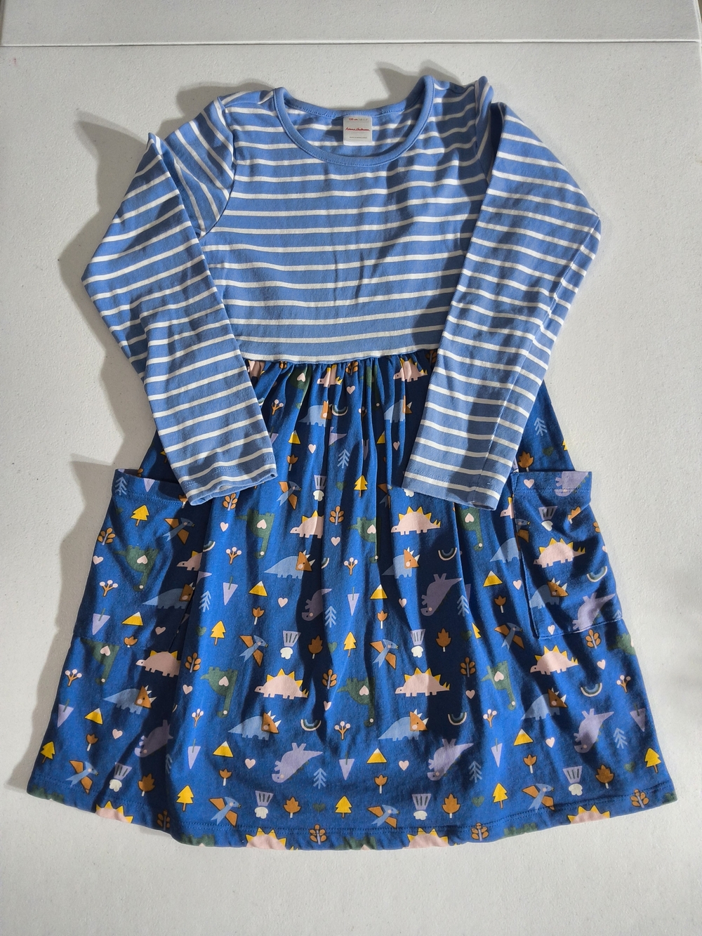 Hanna Andersson 6-7 Blue Striped Top and Playful Dinosaur-Print Dress